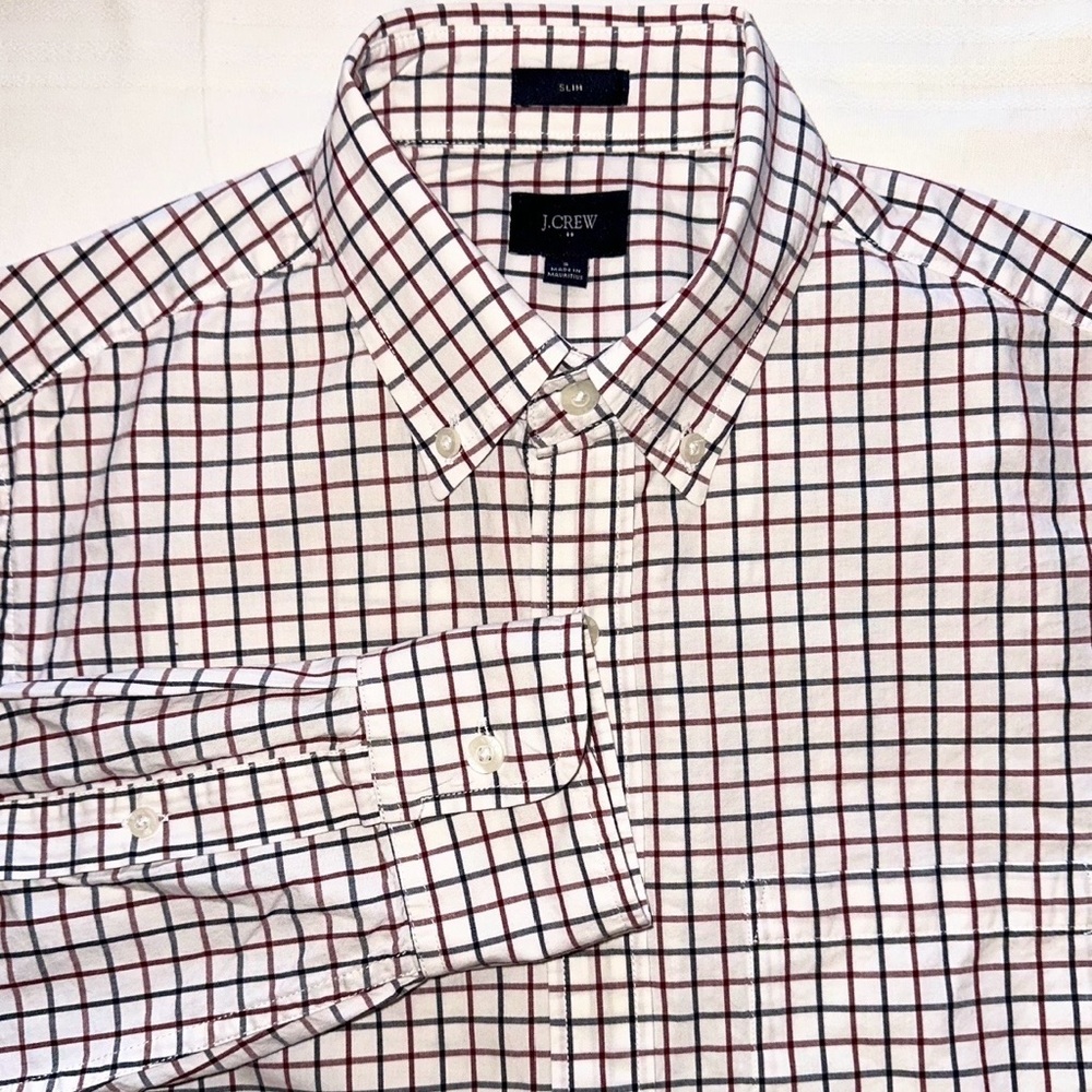 Vtg J. Crew Dress Shirt 100% Cotton White Check Slim Fit Button Down ~ Sz S